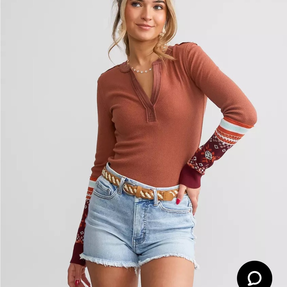 Free People Mikah Notch Neck Top Thermal Fair Isle Sleeves Autumn Brown NWT - Picture 6 of 12